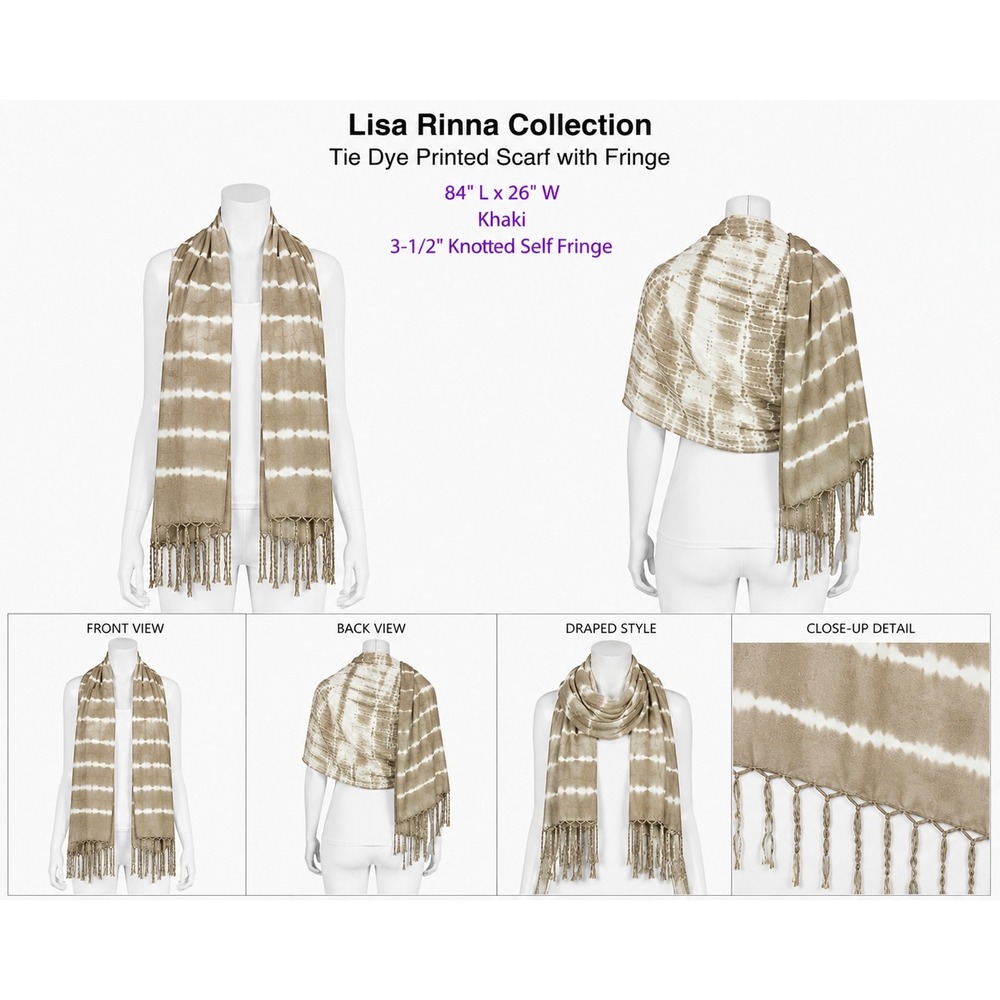 Lisa Rinna Collection Khaki Tan Tie Dye Scarf Knotted‎ Fringe Viscose Wrap 84x26